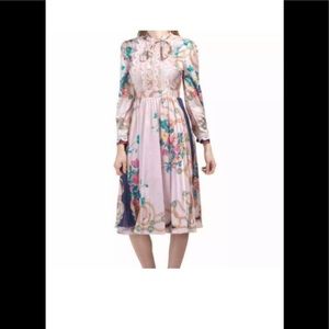 Dalia Macphee Pink Lace Long Sleeve Printed Pleated Midi Dress Sz Large